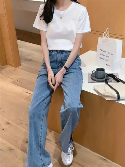 Solid  Women Short Sleeve T Shirt Cotton O Neck Loose Black White Basic Thin Tops Fashion Harajuku Casual Outer Wear T-Shirts