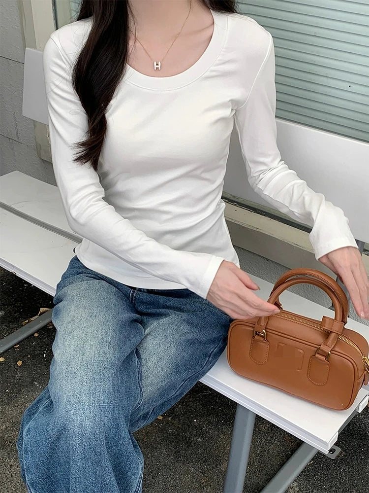 U Neck Long Sleeve T-Shirt Women Autumn Winter New Cotton Slim Casual Top Basic Solid Bottom Shirts Korean